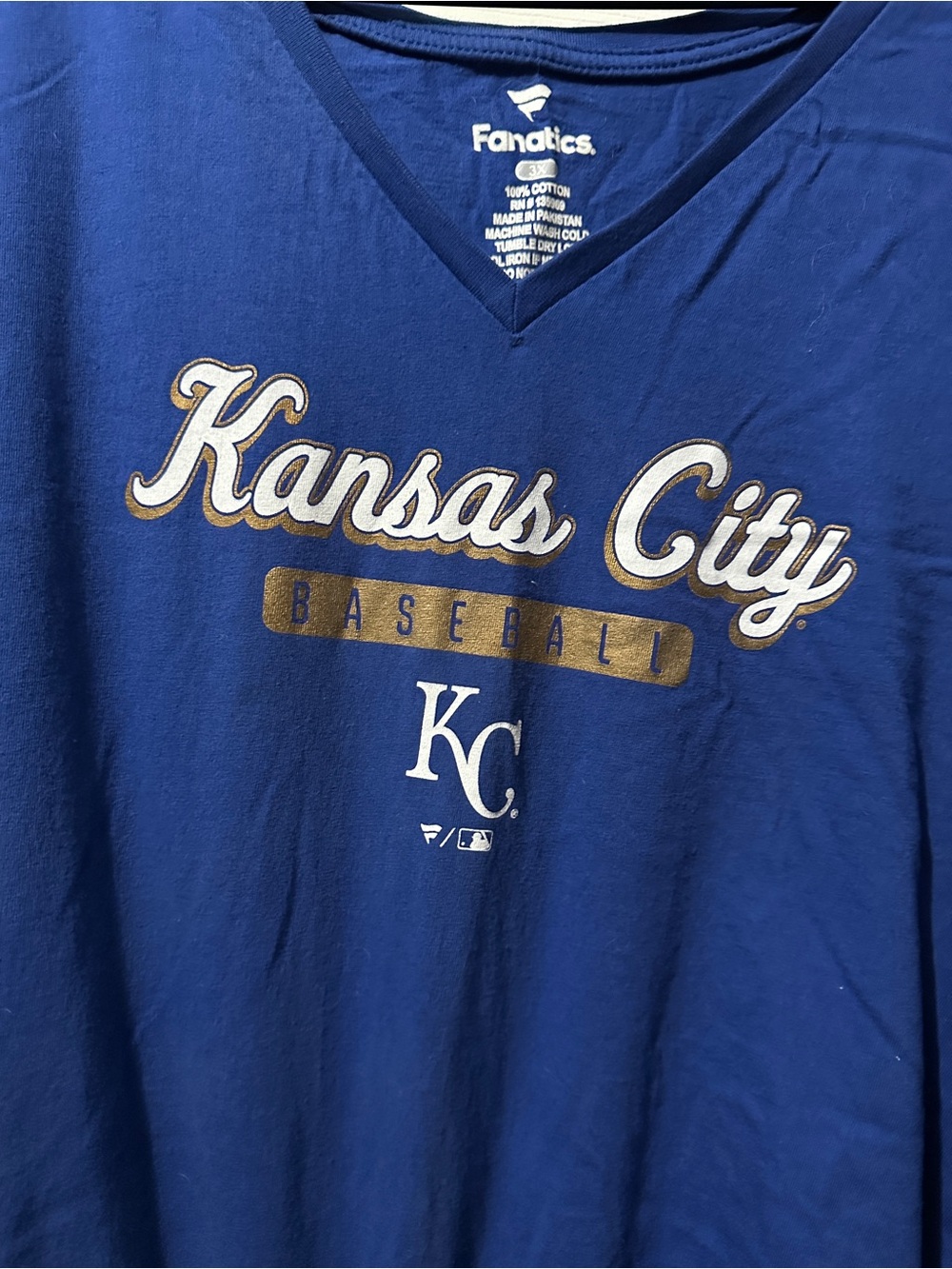 Fanatics Royal Blue Kansas City Royals Baseball V-Neck Tee with Gold Accents